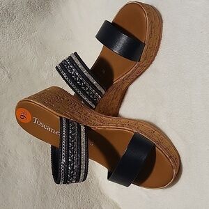 Toscanella Blue Gracelin Cork 2.75" Wedge Rhinestone Made In Italy Sandal Sz 9.5